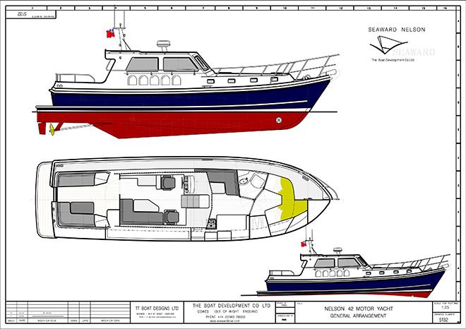 Profile and general arrangement plan for Seaward's new flagship Nelson 42 E16 with aft cockpit © William Rhys-Jones